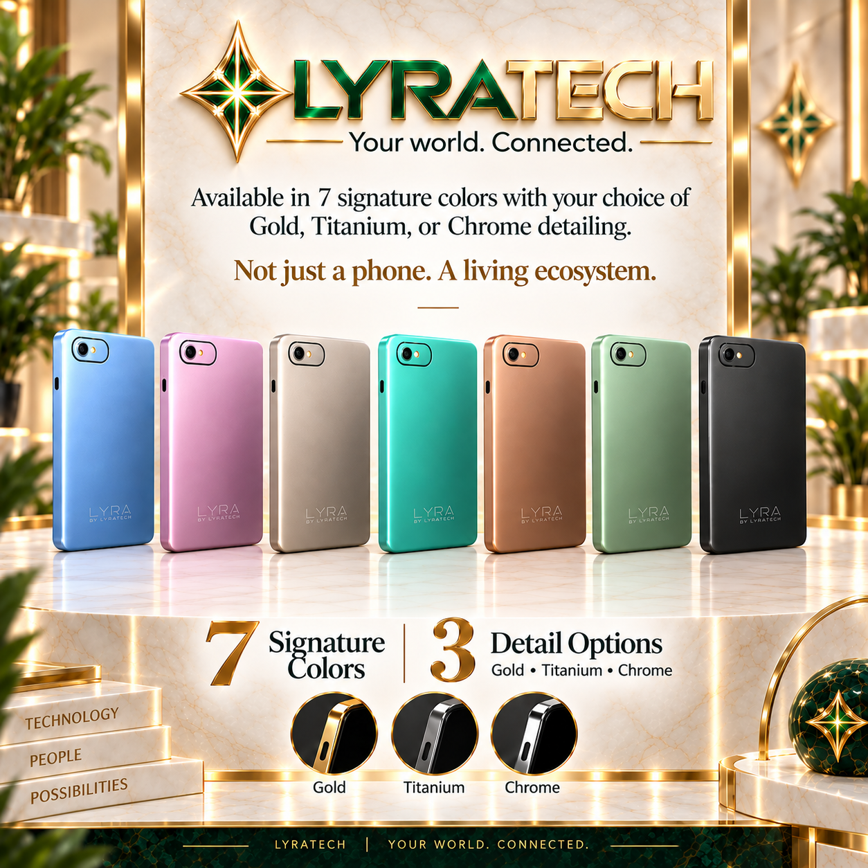 Seven official LyraPhone color finishes displayed in the LyraTech showroom