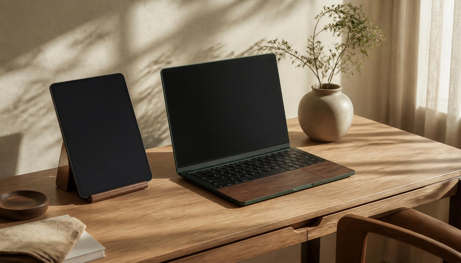 A Lyra device resting on an oak desk in a sunlit minimal room